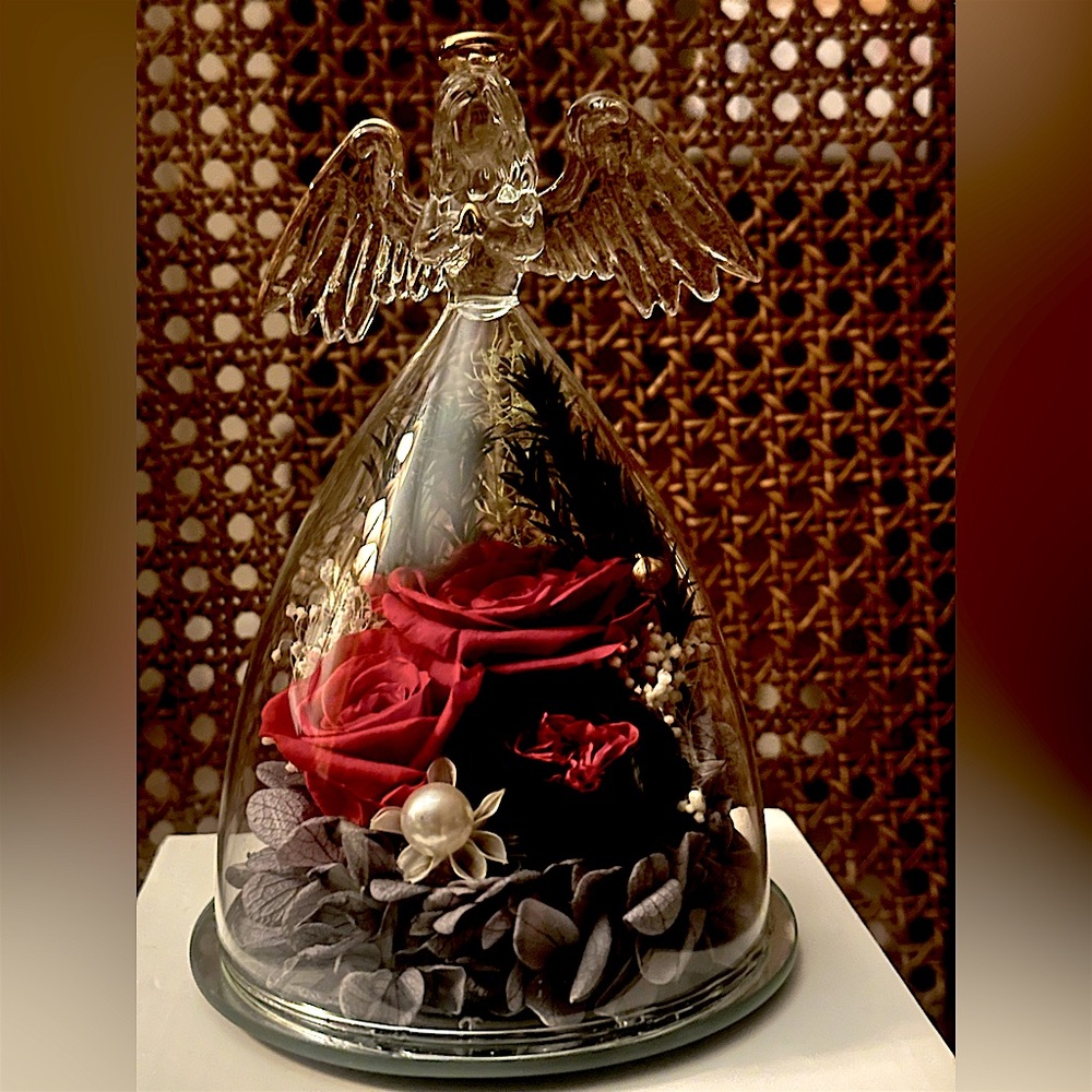 Glass Angel Dome with Red Preserved Roses - Elegant Home Art